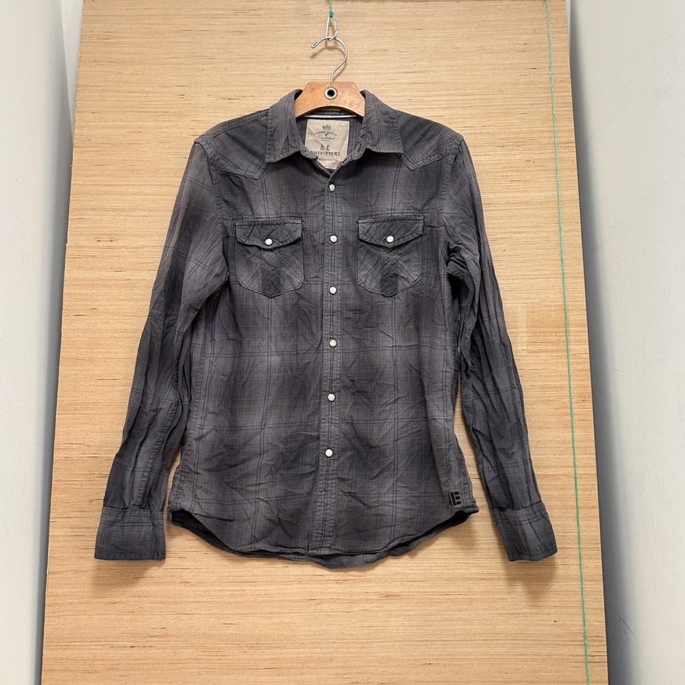 American Eagle‎ Mens Gray Ombre Plaid Western Pearl Snap Long Sleeve Shirt Small